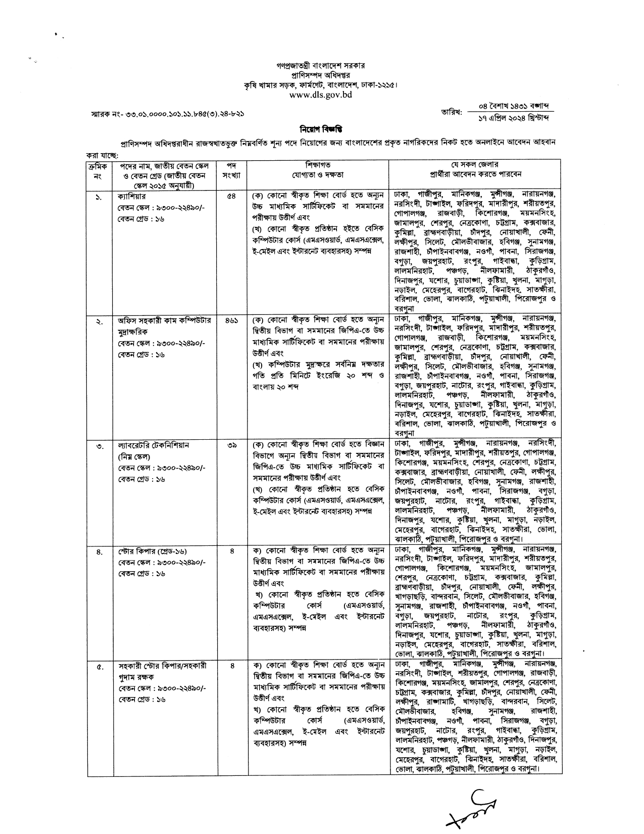 প্রাণিসম্পদ অধিদপ্তে চাকরি বিজ্ঞপ্তি ১